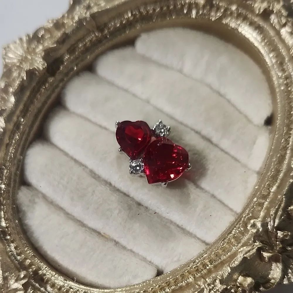 Vintage Retired Swarovski Lapel Pin Tie Tack Double Red Hearts Silver Tone